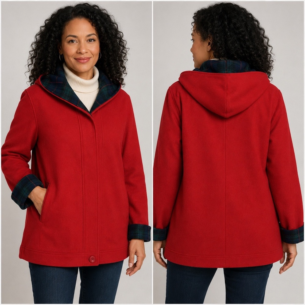 Hunt Club Wool Blend Hooded Coat Sz 14 Red Plaid Lined Heritage Classic Cabin